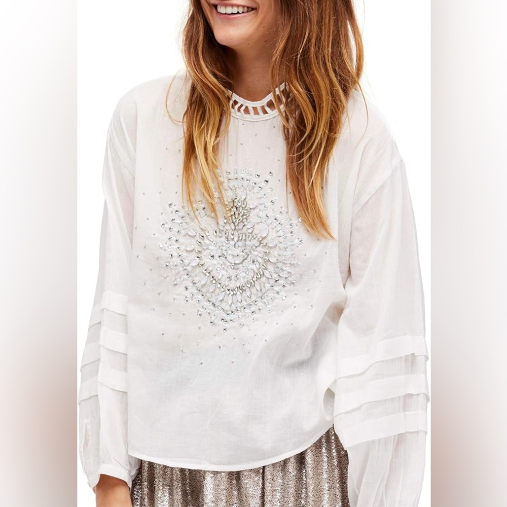 FREE PEOPLE Heart of Gold Blouse White Embellished Cutout-Neck Blouse size large - Picture 2 of 14